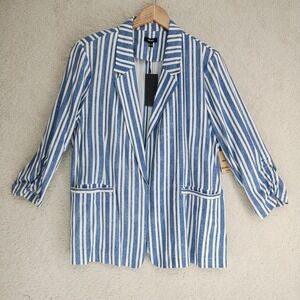 Mexx Blazer Womens XL Blue White Striped Linen Blend Long Sleeve Open Front